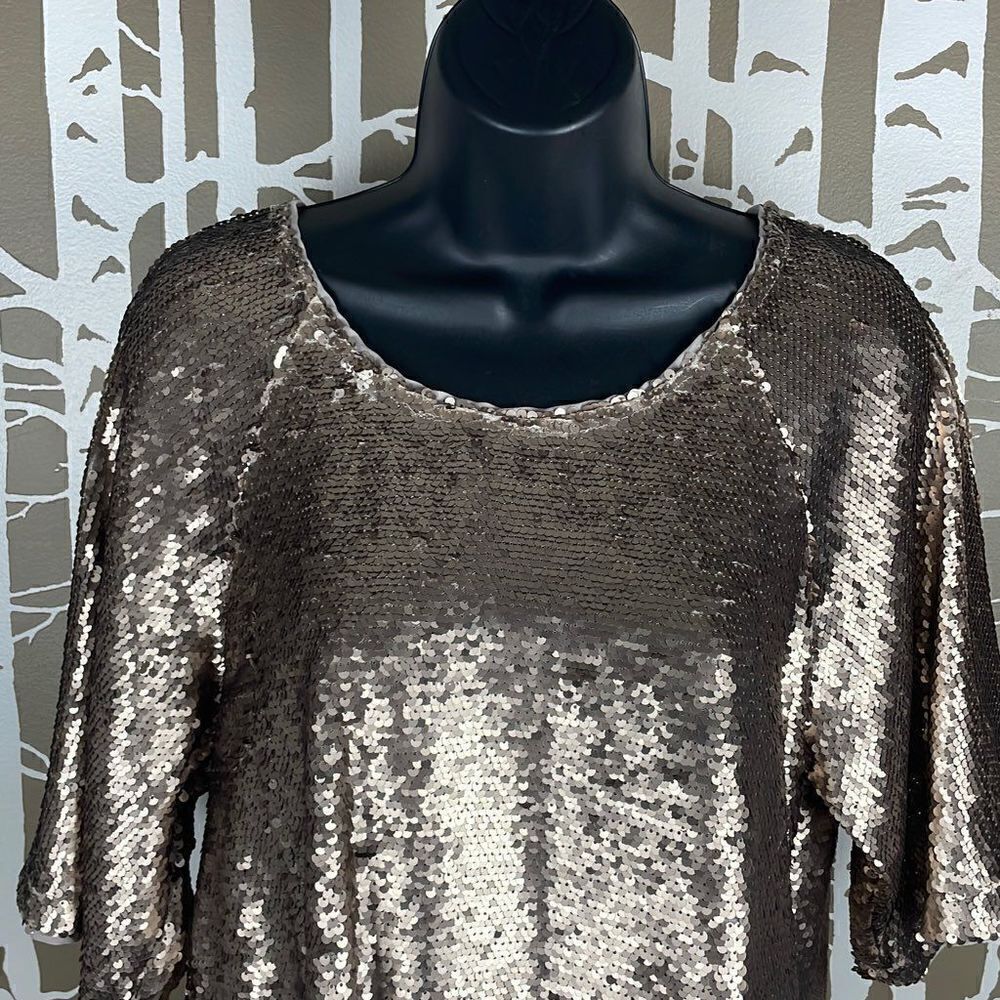 Skies Are Blue Gold Paillette Sequin Half Sleeve Top sz M - Picture 4 of 8